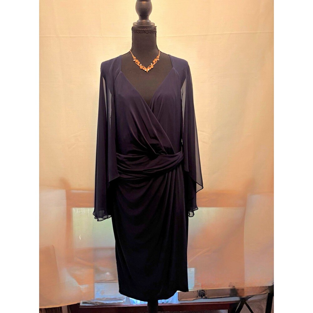 Betsy & Adam Navy Chiffon V-Neck Cape Sleeve Sheath Dress Lined Knee 14